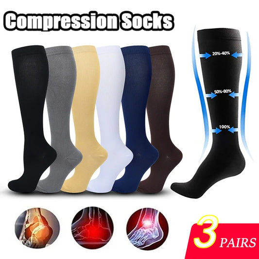 3 Pairs Women&Men Compression Socks 15-20 mmHg Knee High Stocking for Cycling Running Nurses Medical Recovery Athletic Long Sock